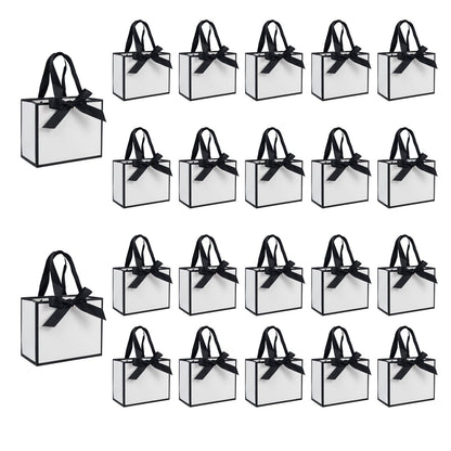 TKSBAG 50 PCS Small White Black Gift Bags with Handles, 6.4×3.1×5.1 Inch Thank You Bags with Bow Ribbon for Baby Shower, Bridal Shower, Wedding, Party Favors, Mother's Day