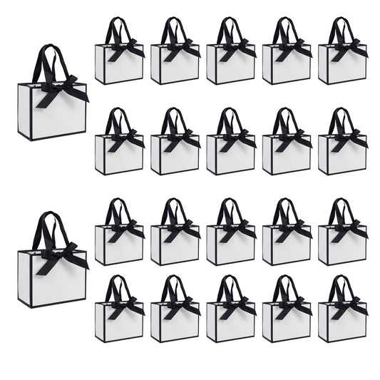 TKSBAG 50 PCS Small White Black Gift Bags with Handles, 6.4×3.1×5.1 Inch Thank You Bags with Bow Ribbon for Baby Shower, Bridal Shower, Wedding, Party Favors, Mother's Day