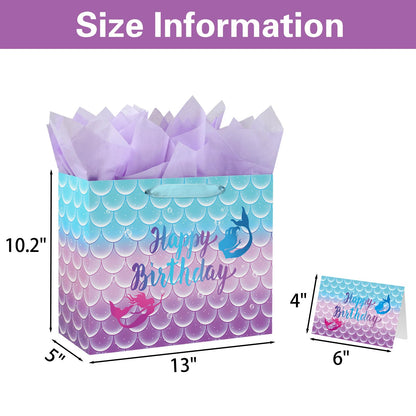 Yusenguan 13" Large Mermaid Happy Birthday Gift Bag with Tissue Paper, Greeting Card and Handle for Kids, Girls Birthday Party
