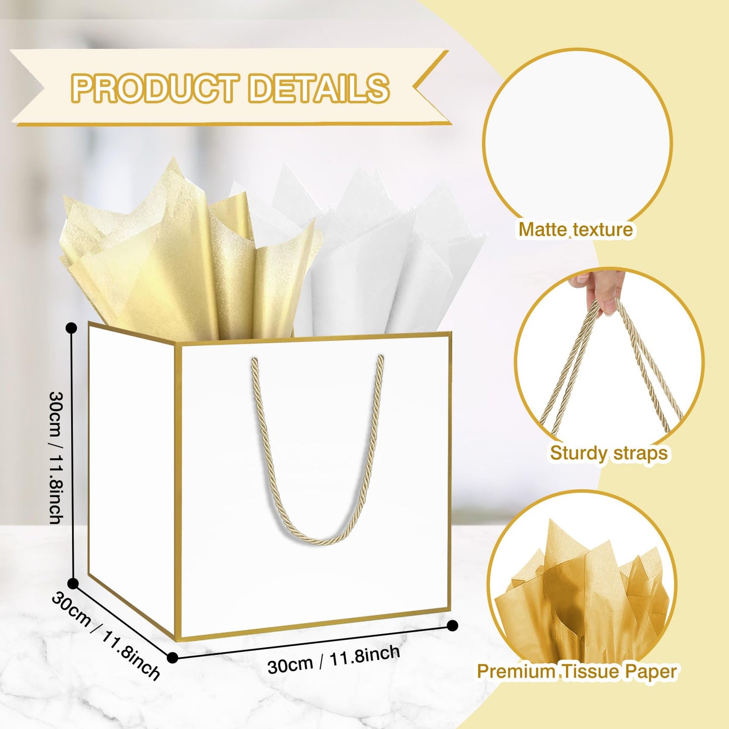 HONTIUS 11.8'' Extra Large Gift Bag Bags, Square Giant xl White Bridesmaid Gift Bag with Tissue Paper and Card for Wedding Birthday Presents Christmas Gifts Women 1PCS