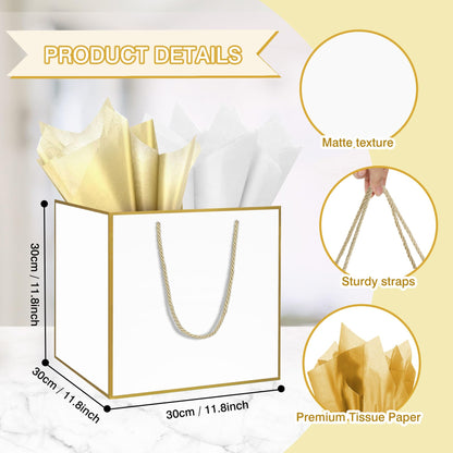 HONTIUS 11.8'' Extra Large Gift Bag Bags, Square Giant xl White Bridesmaid Gift Bag with Tissue Paper and Card for Wedding Birthday Presents Christmas Gifts Women 1PCS