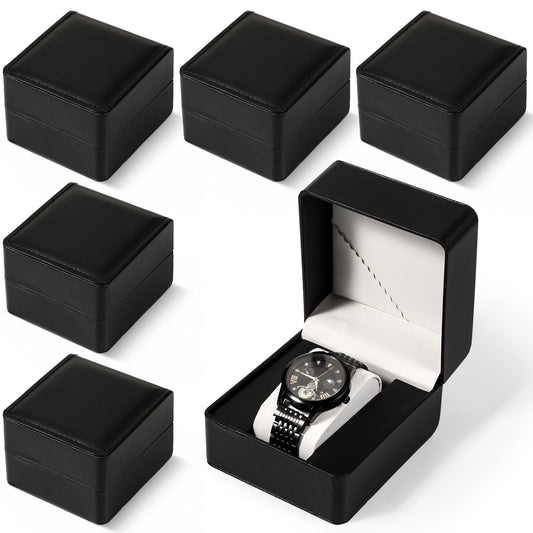 6 Pack PU Leather Watch Gift Case with Removable Pillow, Single Watch Storage Case, Portable Black Wristwatch Display Box with a Card Pocket, Single Wristwatch Organizer for Women and Men