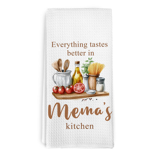 Mema Gifts Kitchen Towels, Grandma Gifts for Mothers Day Birthday, Everything Tastes Better in Mema's Kitchen Decorative Hand Dish Tea Towels, Housewarming New Home Gift for Grandma,16x24