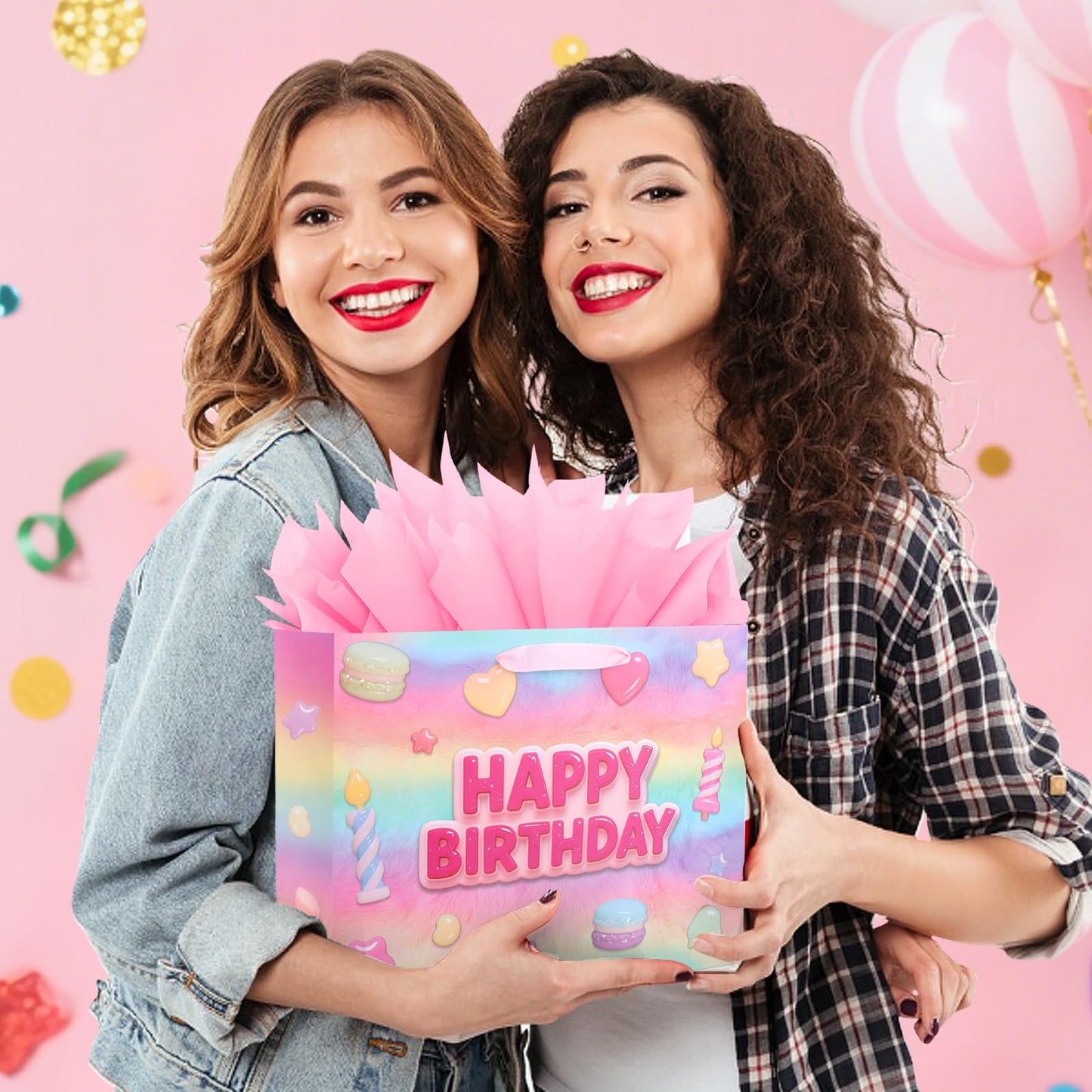 BSRESIN 13”Pink Happy Birthday Gift Bag with Tissue Paper, Wrapping Paper and Card, Medium Size Pastel Birthday Gift Bag for Girls, Women, Party Gift Wrap Supplies