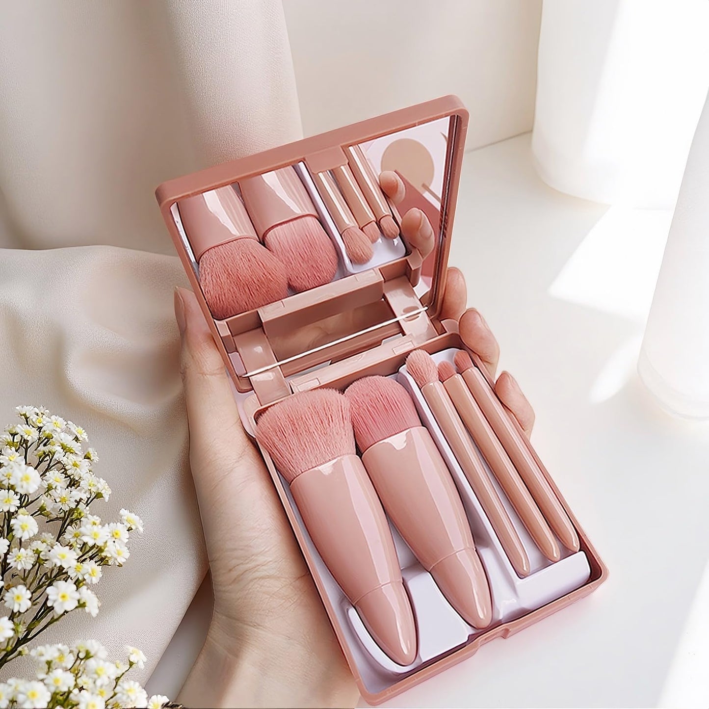 5-Piece Professional Makeup Brush Set with Mirror & Travel Case Hypoallergenic Vegan Bristles for Sensitive Skin Luxury Gift-Ready Box,Portable Cosmetic Kit for Brides,Travel,On-the-Go Touchups (Pink)