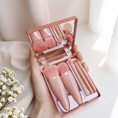5-Piece Professional Makeup Brush Set with Mirror & Travel Case Hypoallergenic Vegan Bristles for Sensitive Skin Luxury Gift-Ready Box,Portable Cosmetic Kit for Brides,Travel,On-the-Go Touchups (Pink)