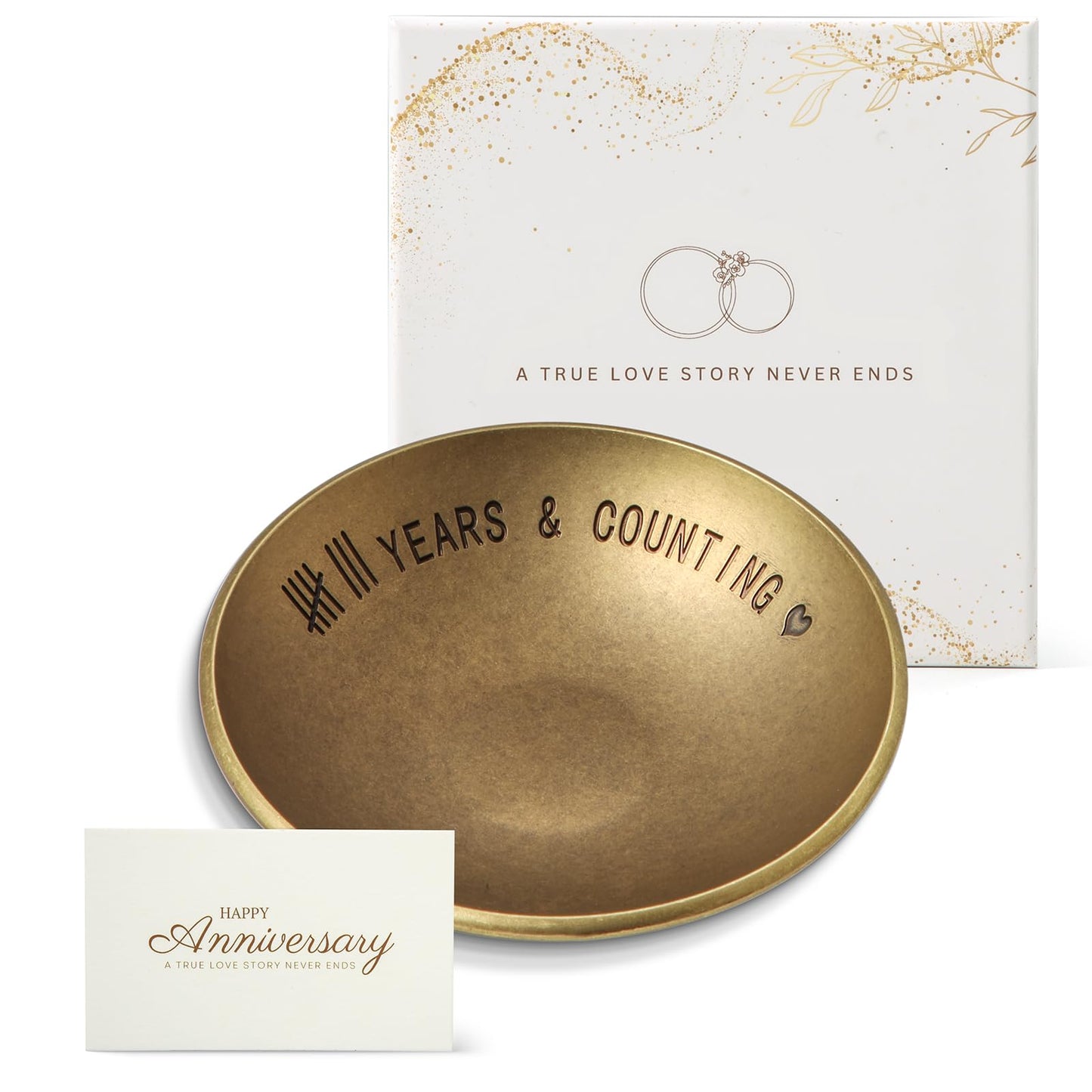 Urllinz Bronze 8 Year Anniversary Wedding Gifts - 8th Anniversary Jewelry Tray for Him Men Wife Couple, Bronze Ring Holder Dish & Card & Gift Box, 4"