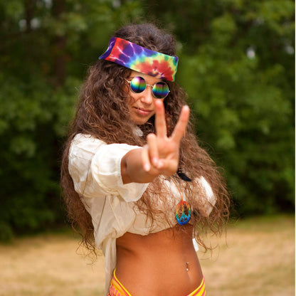 Frienda 3 Pcs Hippie Accessories Costume 70s Tie Dye Leopard Outfits Hippie Headbands for Men Peace Sign Necklace Sunglasses
