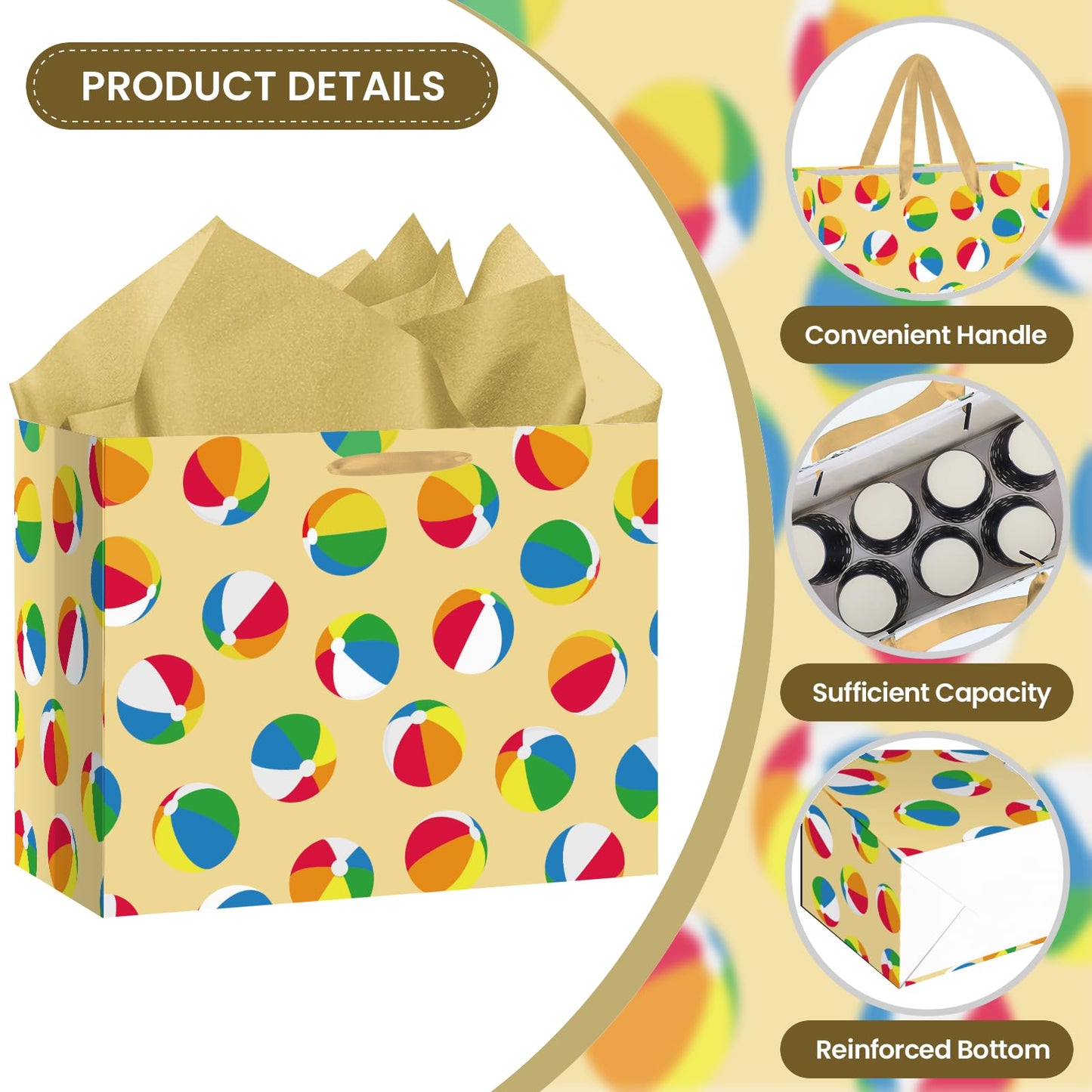 Woosytoo Beach Ball Gift Bag with Tissue Paper and Card - Colorful Summer Pool Party Gift Wrapping Bag - Hawaiian Luau Theme Birthday Present Sack for Kids Boys Girls Women Men