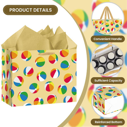 Woosytoo Beach Ball Gift Bag with Tissue Paper and Card - Colorful Summer Pool Party Gift Wrapping Bag - Hawaiian Luau Theme Birthday Present Sack for Kids Boys Girls Women Men
