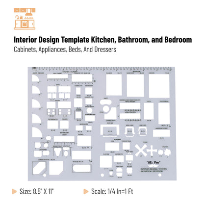 Mr. Pen- House Plan, 3 pcs, Interior Design and Furniture Templates, Clear Flexible Plastic, Drafting Tools, Ruler Shapes for Architecture, 1/4 Inch Scale, Kitchen, Bath, Bedroom, Office, Living Room