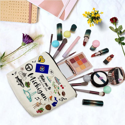 Take Me To Michigan Makeup Bag Michigan Travel Gift Small Canvas Organizer Bag with Zipper Cosmetic Bag Travel Present for Women Friends Families