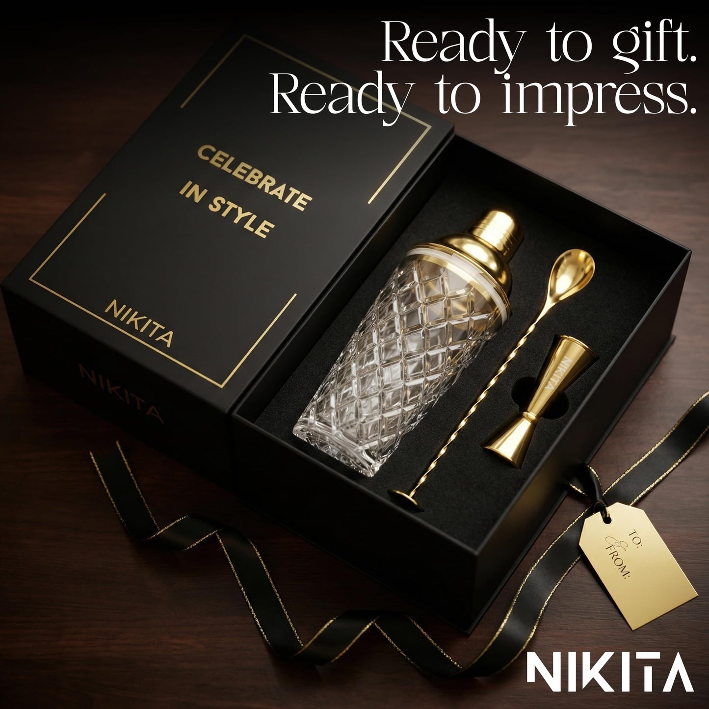 Nikita Cocktail Shaker, 5-Piece Martini Shaker & Bartender Kit with Bar Accessories Strainer, Jigger, Spoon & Muddler, Gold 16oz Drink Mixer with Bartender Accessories