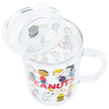Silver Buffalo Peanuts Group Travel Glass Mug with Slide Close Lid and Handle Featuring Linus, Pig-Pen, Franklin, Schroeder, Sally, Lucy, Charlie Brown, Snoopy, and Woodstock, 14 Ounces