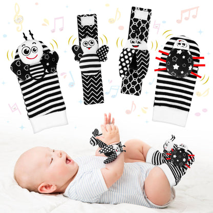 Baby Toys 0-6 Months - High Contrast Wrist Rattle Foot Finder Socks Set for 3 Month Baby Toys Infants, Soft Plush Sensory Rattles for Newborn Boys Girls Essentials Shower Gifts