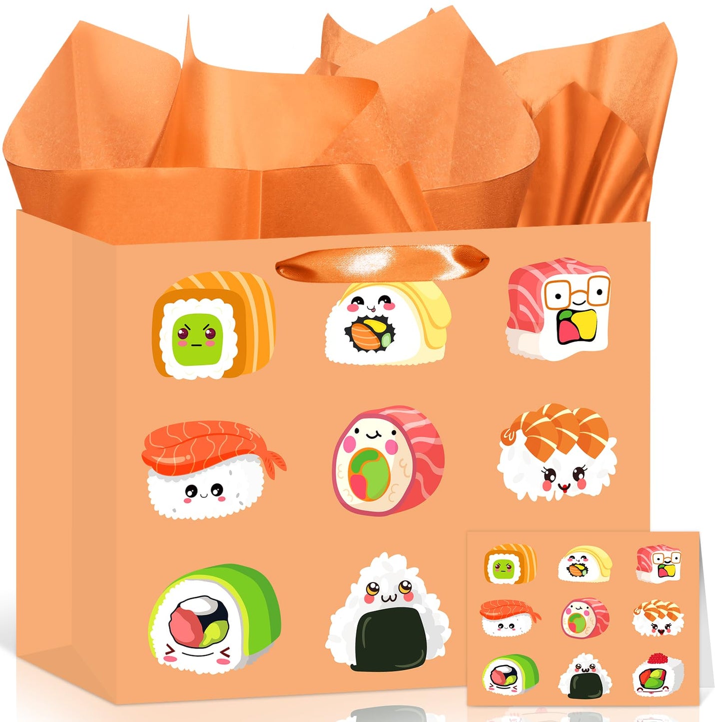 Sushi Gift Bag Japanese Sushi Birthday Wrapping Bag with Tissue Paper Greeting Card Kawaii Food Birthday Party Decor for Kids Girl Boy Baby Shower Graduation Wedding Japanese Festival Party
