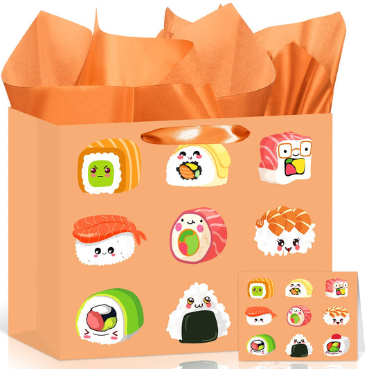 Sushi Gift Bag Japanese Sushi Birthday Wrapping Bag with Tissue Paper Greeting Card Kawaii Food Birthday Party Decor for Kids Girl Boy Baby Shower Graduation Wedding Japanese Festival Party