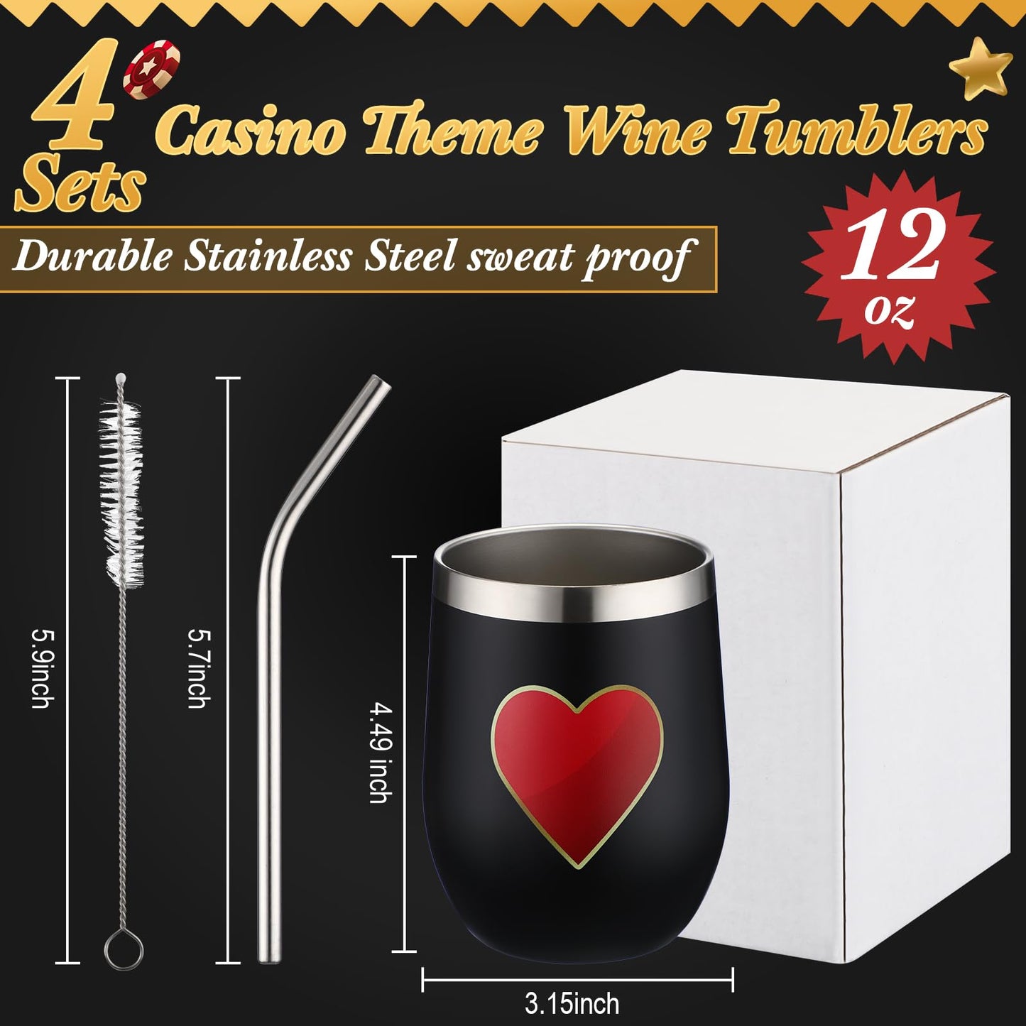 4 Pcs Casino Party Cups Pokers Glasses Stainless Steel Wine Tumblers with Lid and Straw 12 oz Casino Theme Party Decorations Poker Gifts Favors Set for Grad Birthday Game Night(Poker)