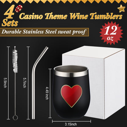 4 Pcs Casino Party Cups Pokers Glasses Stainless Steel Wine Tumblers with Lid and Straw 12 oz Casino Theme Party Decorations Poker Gifts Favors Set for Grad Birthday Game Night(Poker)