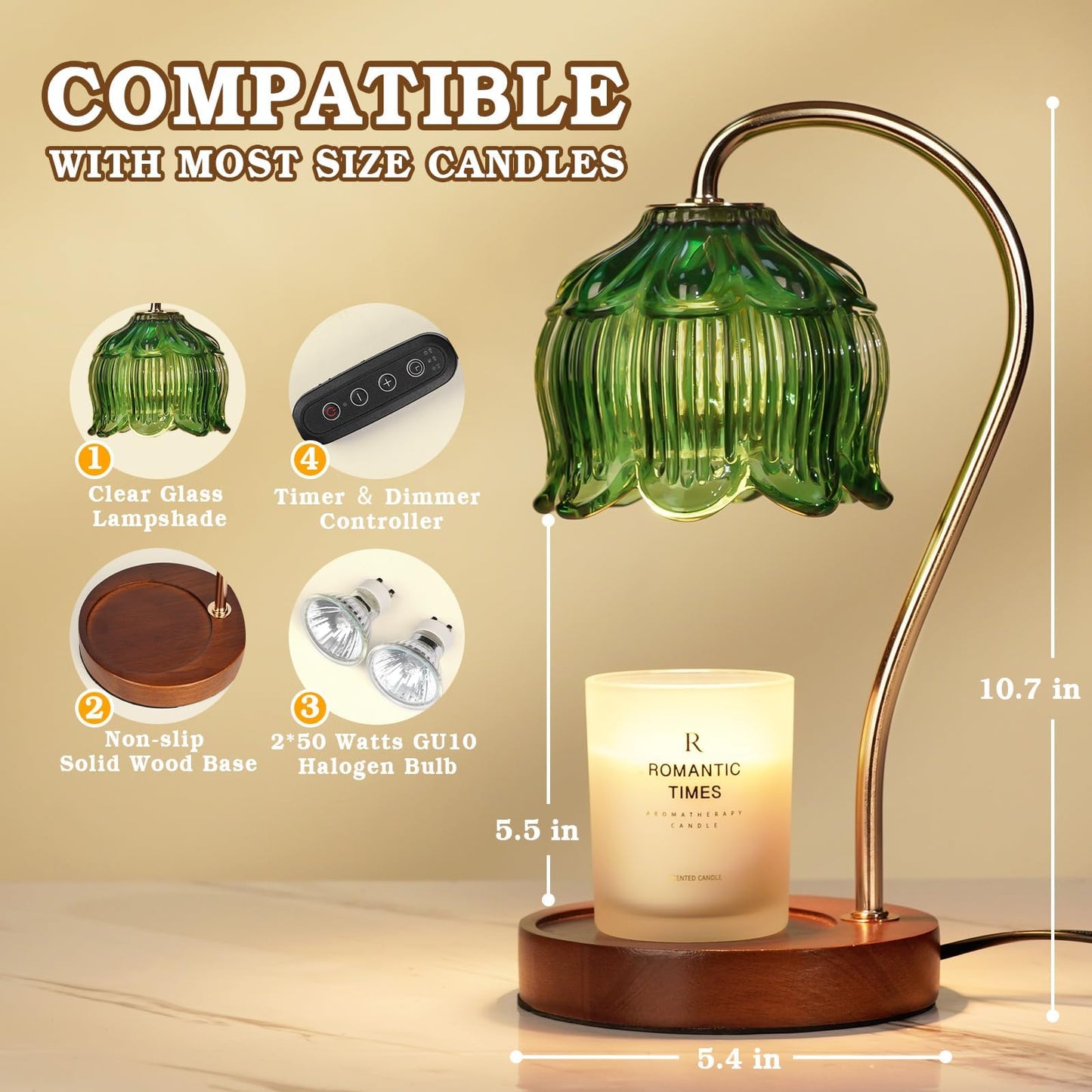 Funistree Green Candle Warmer Lamp with Timer, Christmas Gifts, Dimmable Flower Candle Lamp Warmer, Vintage Birthday Gifts for Women, Mom, Female Friend, Aromatic Candle Light for Yankee Candles