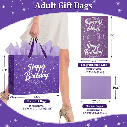 13" Purple Happy Birthday Gift Bag with Tissue Paper and Greeting Card for Party,Happy Birthday Gift Bag for Men Women,Gift Bags Medium size