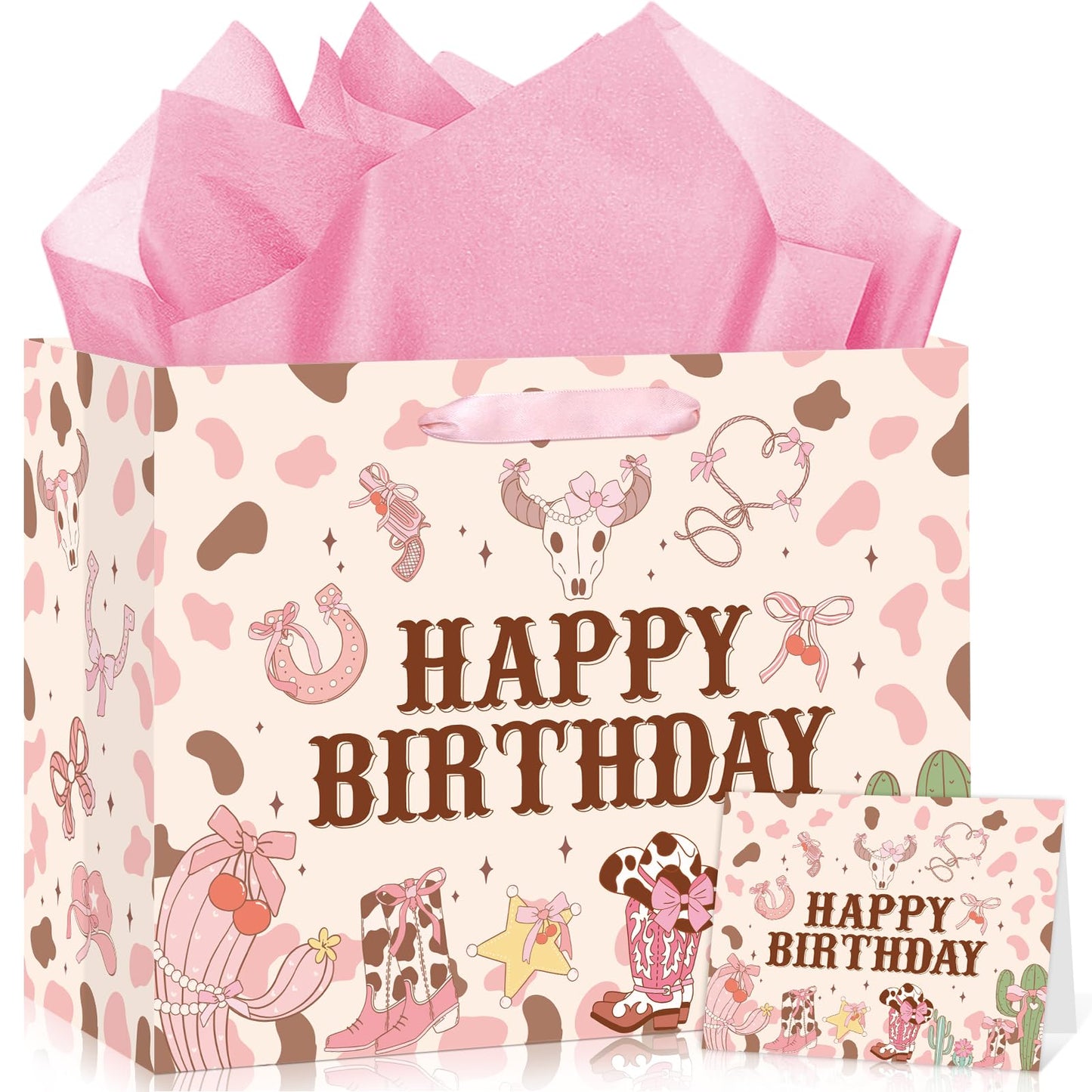 Wauprant Large Cowgirl Birthday Gift Bag for Girls Pink Wild West Western Happy Birthday Gift Bag with Wrapping Paper and Card for Girls First Rodeo Baby Shower Bachelorette Bday Party Supplies