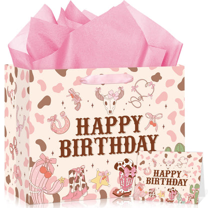 Wauprant Large Cowgirl Birthday Gift Bag for Girls Pink Wild West Western Happy Birthday Gift Bag with Wrapping Paper and Card for Girls First Rodeo Baby Shower Bachelorette Bday Party Supplies