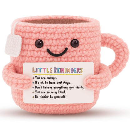 Cute Crochet Teacup - Mental Health Gifts with Positive Affirmations for Anxiety Relief - Cute Self Care, Encouragement Gift for Women, Friends - Little Reminders Desk Buddy