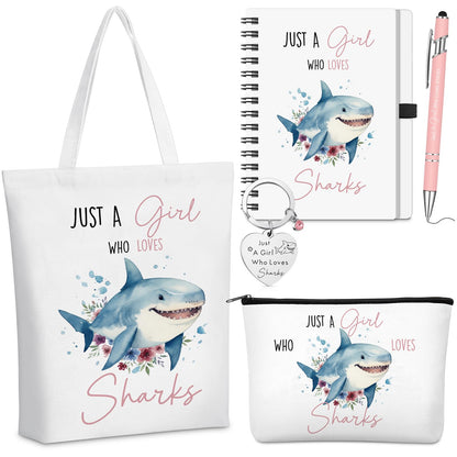 Ceenna 5 Pcs Shark Gifts for Women, Just a Girl Who Loves Shark Cosmetic Makeup Bag, Canvas Bag, A6 Spiral Notebook Lined Journal, Writing Gel Ink Pen and Funny Keychain for Girl Animal Lovers Gift