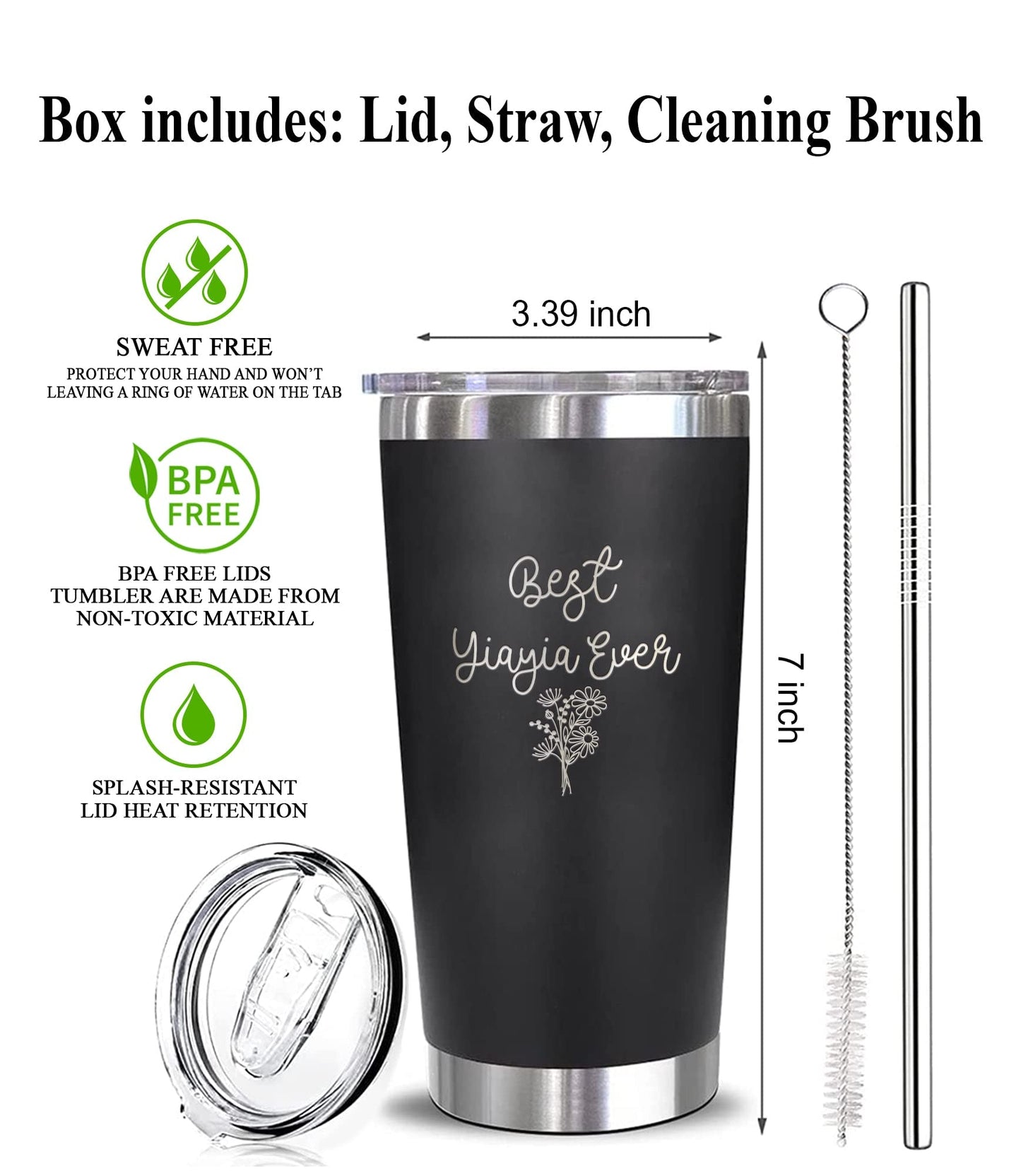 Best Yiayia Ever Tumbler - Floral Yiayia Mug - Yiayia Mug - Gift For Yiayia - Mother's Day Gift - Yiayia Coffee Mug - Stainless Steel Tumbler 20Oz