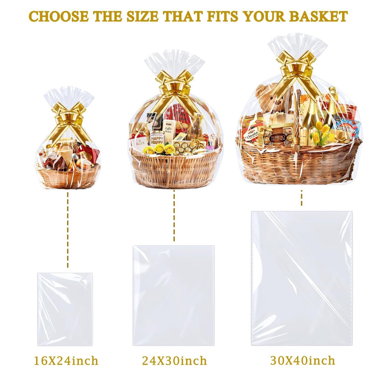 PigPotParty 10 Pack 24x30 Inch Large Cellophane Bags for Gift Baskets, Thick Clear Plastic Basket Wrap, Includes 10 Large Gold Pull Bows