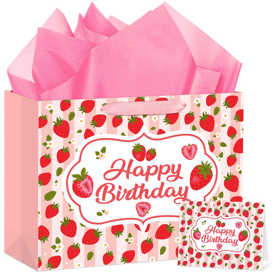 Hooqict Large Strawberry Birthday Gift Bag Pink Happy Birthday Gift Wrapping Bag with Handles, Tissue Paper, Greeting Card for Girls Kids Women Sweet Strawberry Party Decorations Supplies