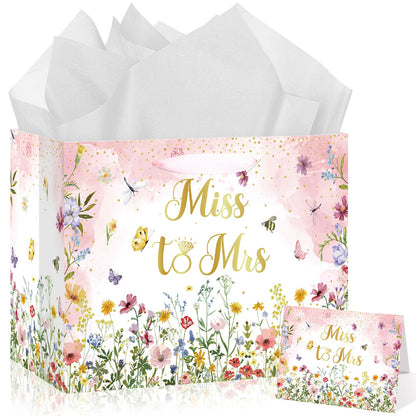 Bridal Shower Gift Bag Wedding Miss to Mrs Gifts Bag with Tissue and Card Bridal Shower Gift Wrapping Paper Bag Floral Wedding Gift Bags Bride Engagement Bachelorette Party Bag Bride to Be Gifts