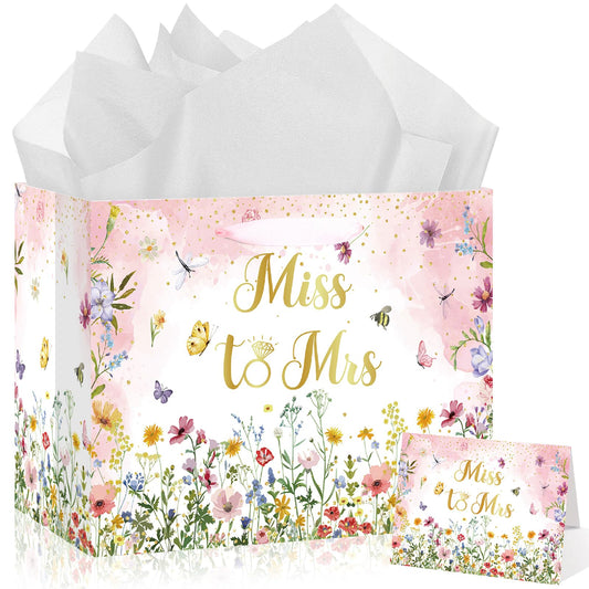 Bridal Shower Gift Bag Wedding Miss to Mrs Gifts Bag with Tissue and Card Bridal Shower Gift Wrapping Paper Bag Floral Wedding Gift Bags Bride Engagement Bachelorette Party Bag Bride to Be Gifts