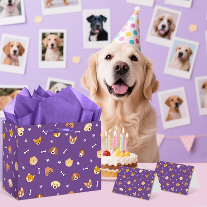 HSKMAKE Purple Dog Gift Bag Large Dog Paw Print Gift Bag with Card and Tissue Papers for Men, Women, Boys, Girls, Kids, Puppy Themed Baby Shower Birthday Party Favor Supplies