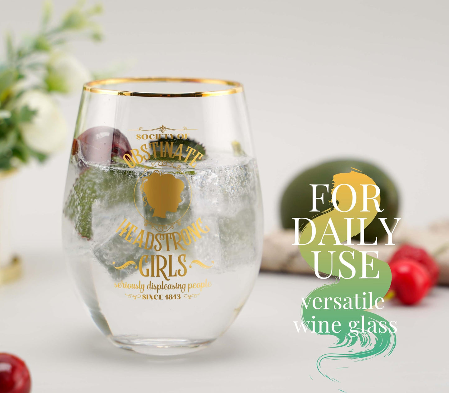 Onebttl Jane Austen Gifts for Women, 18oz Stemless Wine Glasses, Perfect for Pride & Prejudice Book Lovers for Birthday, Christmas