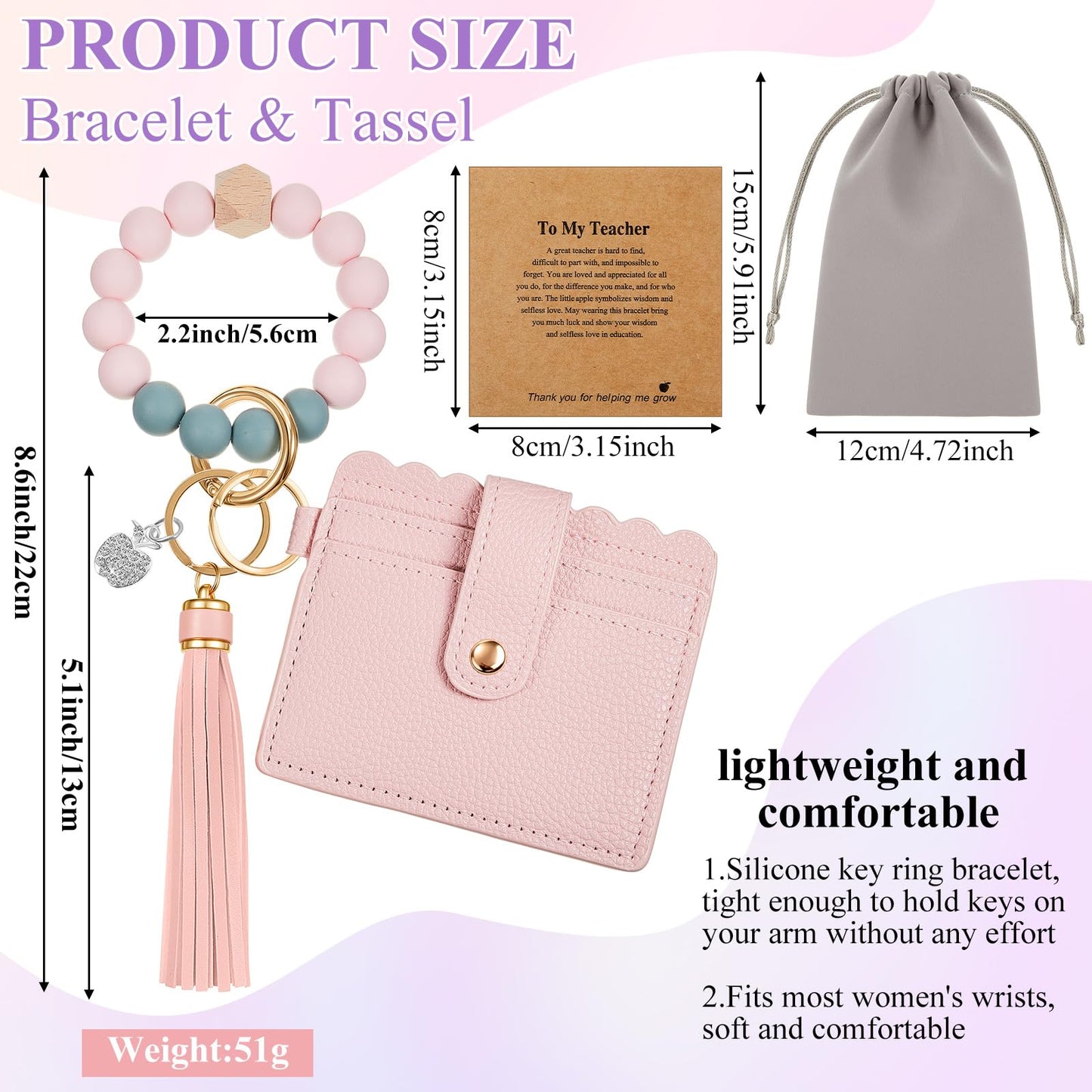 Landical 1/4/6 Set Teacher Appreciation Gift Bulk Wristlet Keychain Bracelet for Women Car Key Chain Thanks Card Giit Bags