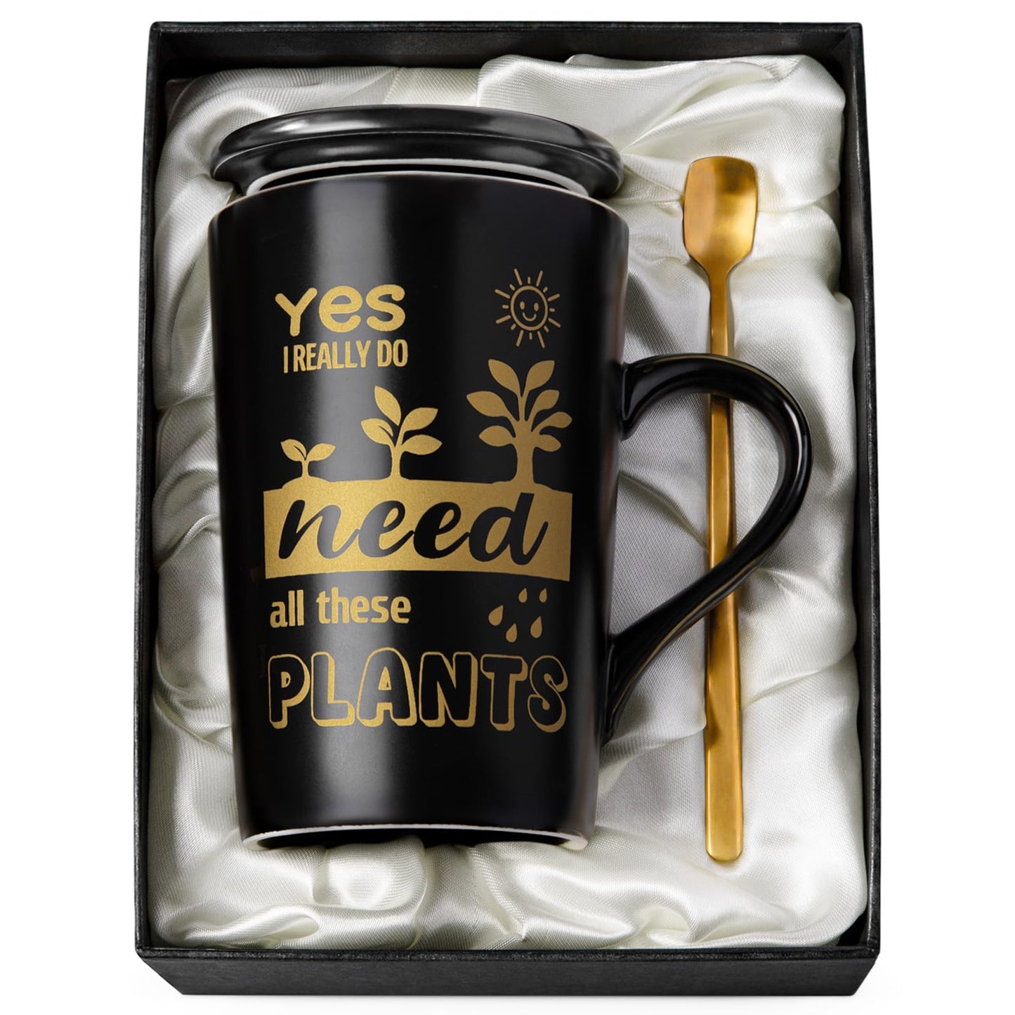 Gardening Gifts for Women Men - Cool Plant Lover Gift Coffee Mug, Garden Gifts for Gardeners, Plant Lady, Mom, Dad, Son, 14oz Black Ceramic Mug with Gold Print, Lid, Spoon Card, Luxury Gift Boxed