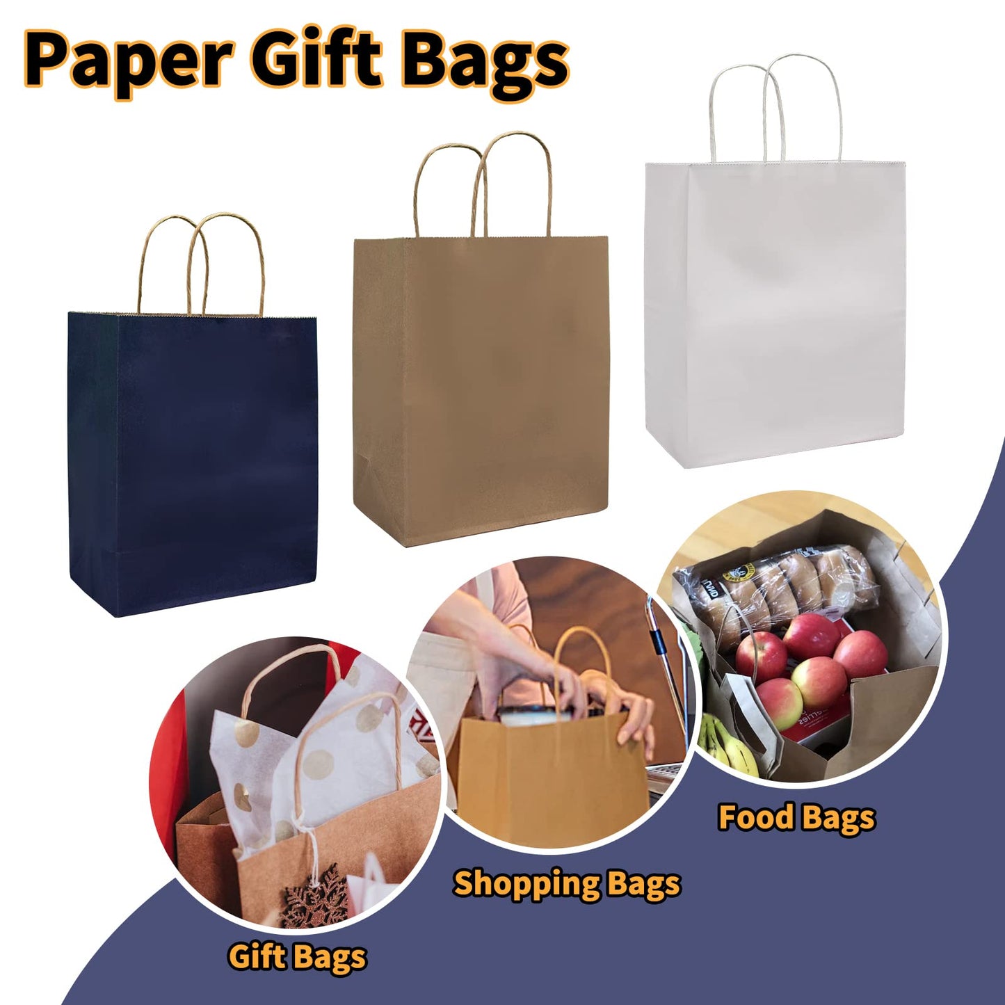 FACEBAG 50-Pack Brown Paper Bags with Handles Bulk, 8x4.25x10.5 Inches,Medium-sized Gift Bags with Handles for Party Favors，Take-Out，Grocery Shopping & Retail，Reusable & Durable