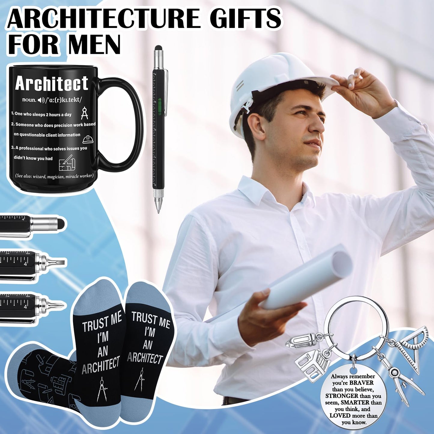 Panitay Architecture Gifts Set for Men 9 in 1 Multi Tool Pen 14 oz Architecture Coffee Mug Keychain Sock Gadget Birthday Retirement Christmas Gift for Father Mechanical Electrical