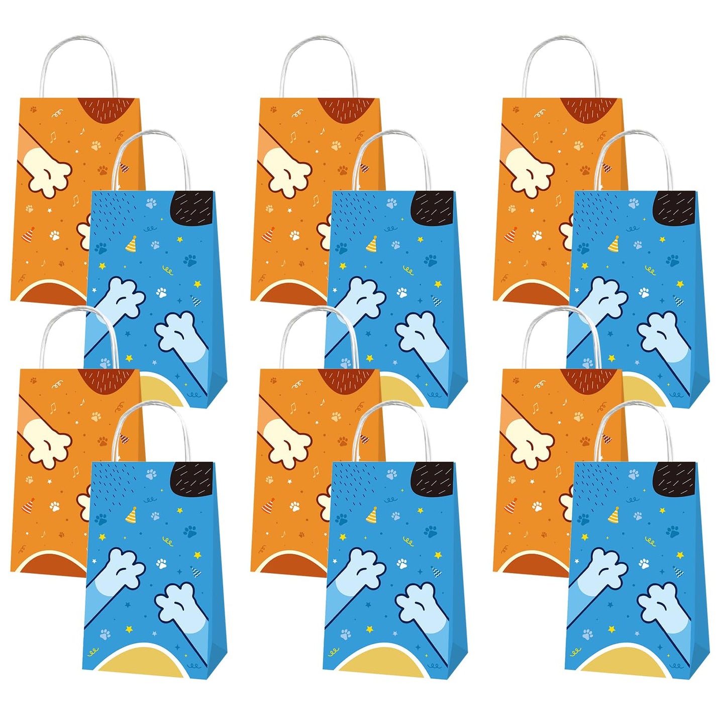 BOBORAT Blue Dog Pet-Themed Paper Gift Bags, 12 Pack, Blue and Orange Party Favor Bags with Handles, 8.3 x 4.7 inches
