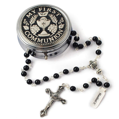 HanlinCC 6mm Glass Pearl Prayer Beads First Communion Rosary with Chalice Center Piece and Crucifix in Anti-Silver Plated Pack in Holy Cup Metal Gift Box