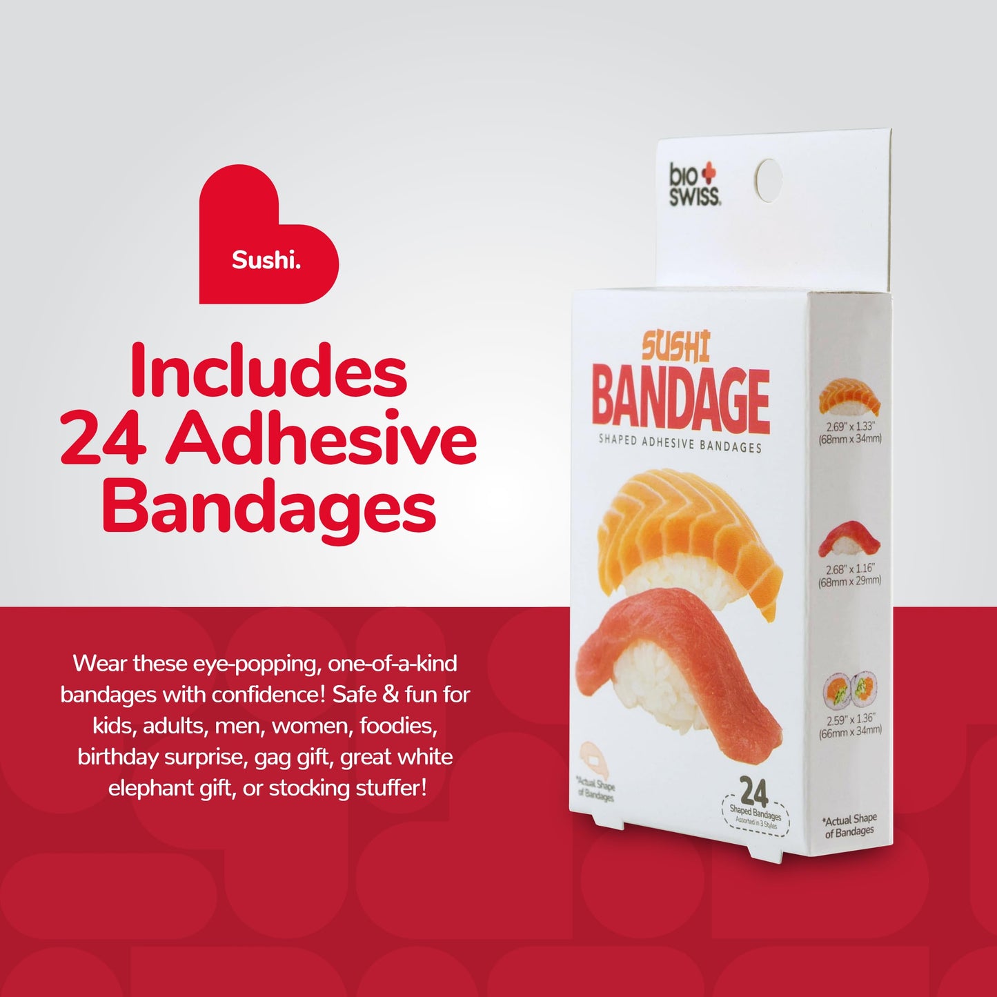 BioSwiss Bandages, Sushi Shaped Self Adhesive Bandage Set, Latex Free, Sterile Wound Care, 24 Count