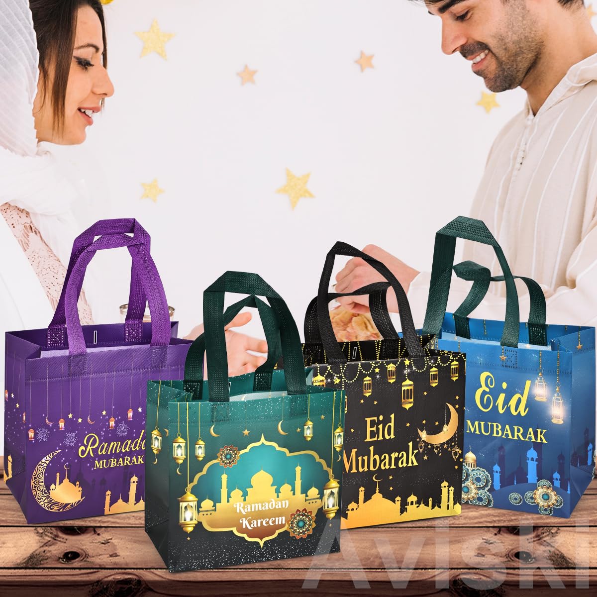Aviski 4PCS Eid Mubarak Reusable Gift Bags, Treat Bags with Handles, Ramadan Mubarak Party Bags, Multifunctional Non-Woven Eid Bags for Gifts Wrapping, Ramadan Kareem Party Supplies, 9.2"×8.7"×4.3"