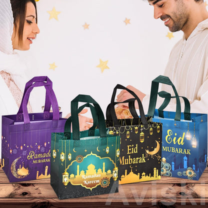 Aviski 4PCS Eid Mubarak Reusable Gift Bags, Treat Bags with Handles, Ramadan Mubarak Party Bags, Multifunctional Non-Woven Eid Bags for Gifts Wrapping, Ramadan Kareem Party Supplies, 9.2"×8.7"×4.3"