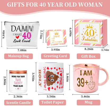 Pradnel 40th Birthday Gifts Women Funny 40 Year Old Birthday Gifts for Women 40 and Fabulous Decorations 40th Bday Gift Ideas for Woman 40s Her Best Friend - Coffee Mug Card Makeup Bag Toilet Paper