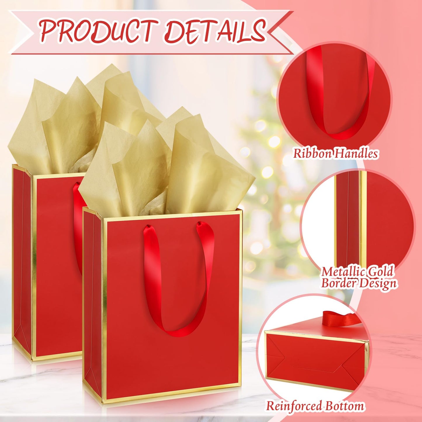 Yeaqee 24 Pack Metallic Paper Gift Bags with Handle and Tissue 9x7x3.1 Gold Foil Welcome Thank You Favor Bags Return Gifts for Wedding Graduation Bridesmaid Groomsmen Birthday(Red Gold)