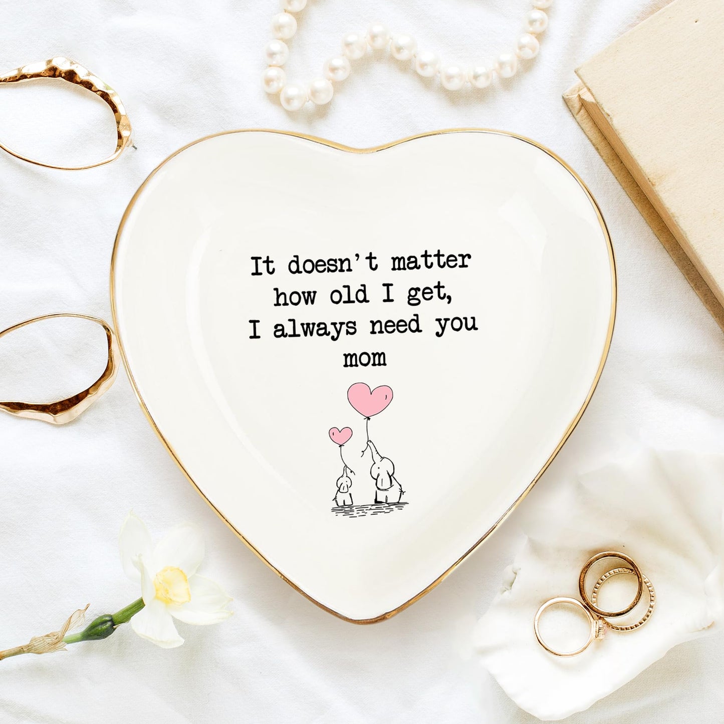 Mom Gifts Ring Dish – “I Always Need You, Mom” Quote Ring Holder with Gold Rim – Mother’s Day Gift, Birthday Gifts for Mom from Daughter Son, Keepsake Mom Decor Gift