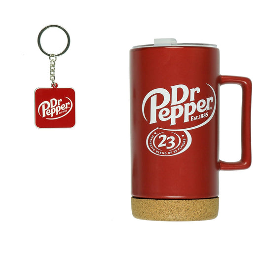 Culture Fly Dr Pepper 16 oz Travel Coffee Mug Keychain and Holographic Sticker Bundle Set