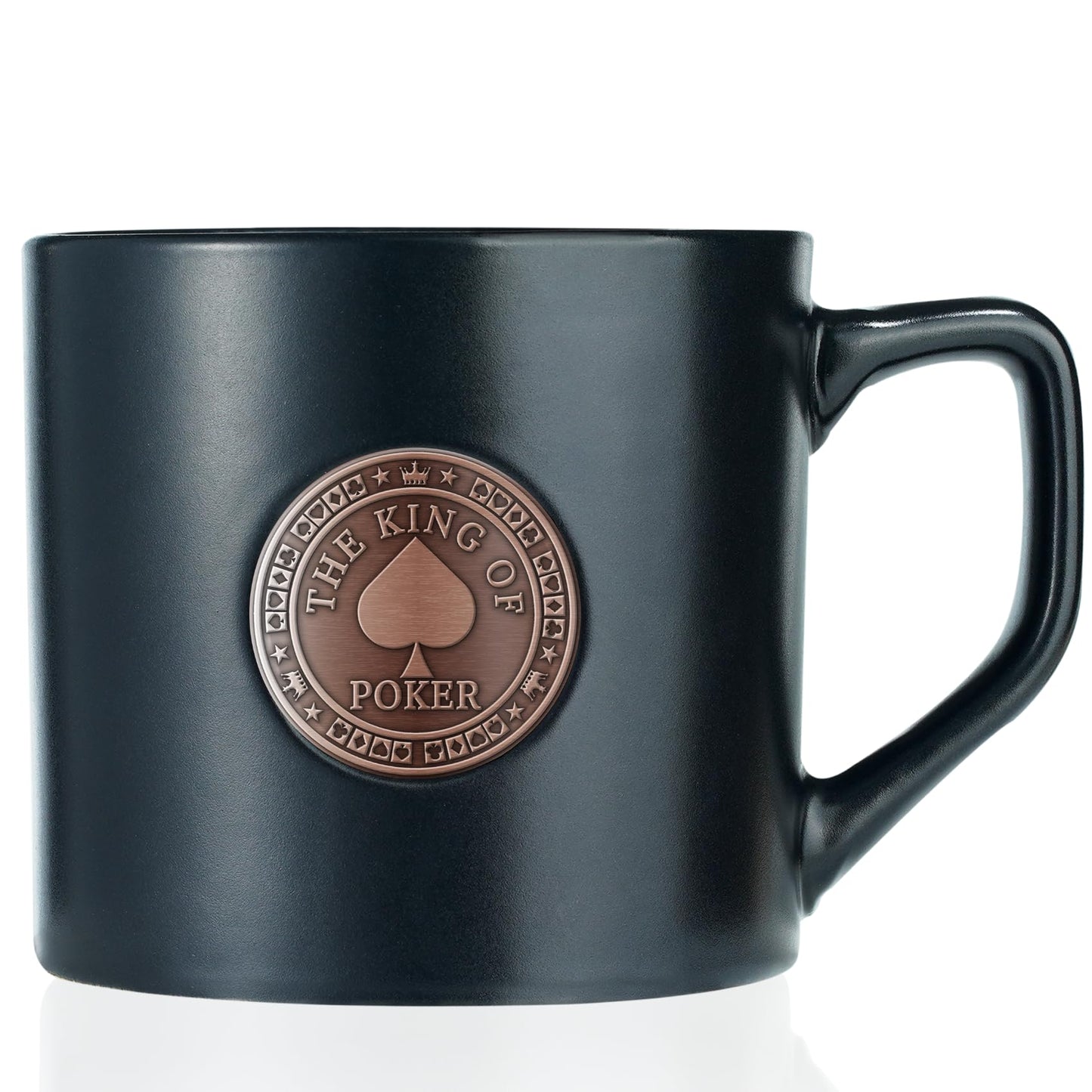 Onebttl Poker Gifts for Men & Women, Funny Poker Gifts for Poker Lovers & Player, Friends, Family, Coworkers, 15 oz Black Ceramic Coffee Mug with a Metal Badge, The King of Poker - Bronze Color Badge